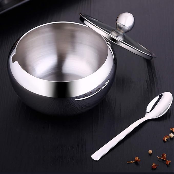 Stainless Steel Sugar Bowl with Clear Lid and Spoon, Polishing Process, Easy to Clean- 530ml/ 18 Oz