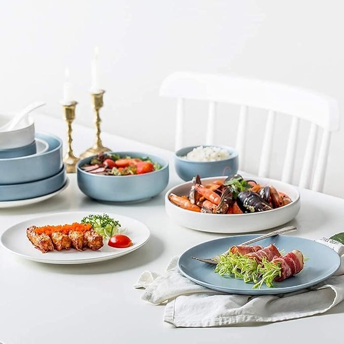 Dinnerware Set Dinner Party Tableware Service Set Ceramics Dinnerware Set with 33-Piece, Bowl/Dish/Spoon|Blue and White Match Dinner Sets, Nordic Style Porcelain Combination Set