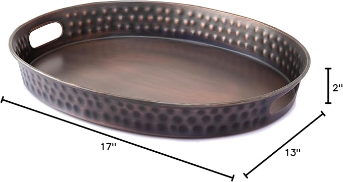 Monarch Abode Serving Tray with Handles – 17-Inch Hand Hammered Metal Platter for Living Room, Antique Copper Finish Large Ottoman Tray Accent for Coffee Table, Tea & Food Serving Dish for Party