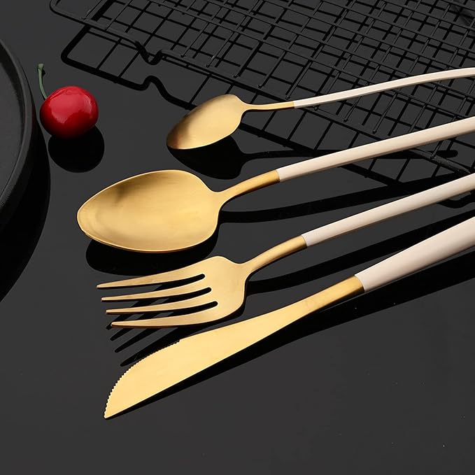 JASHII Slim Handle Silverware Set 20 Pieces, 304 Stainless Steel Colorful Flatware Set, Titanium Plating Cutlery Set, Utensil Sets for Home Dinner Service for 4, Dishwasher Safe - Beige&Gold