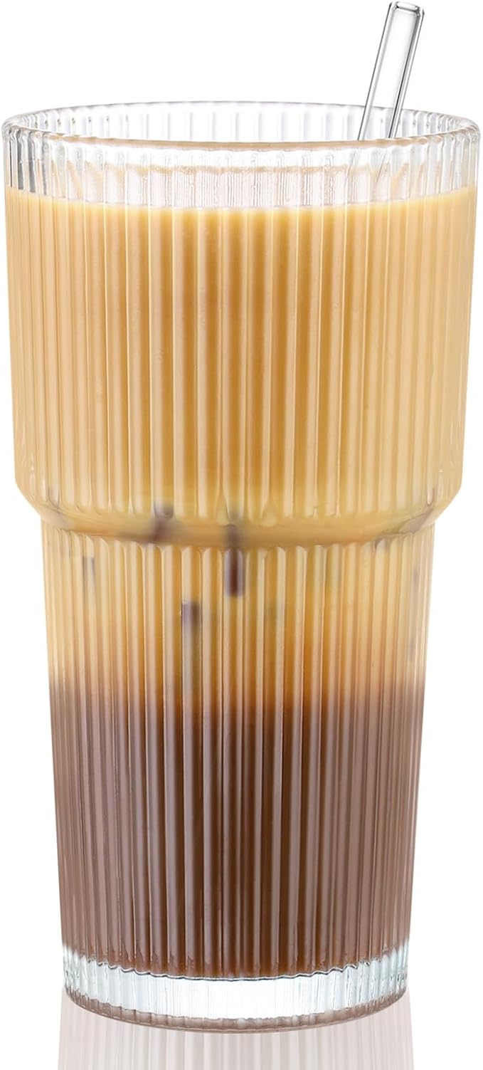 CWHHRN 20 oz Glass Cup and Straw 3 Set, Glass Tumbler with Straw, Vintage Glassware for Whiskey Cocktail Beer, Iced Coffee Cups (3 PACK)