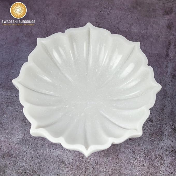 SWADESHI BLESSINGS HandCrafted Marble Lotus Bowl/Organic Modern Home Decor Bowl/Fruit Bowl/Vintage Ring Dish/Decorative Flower Dish/HouseWarming Gifts/Wedding Gifts/Urli (7 Inches)