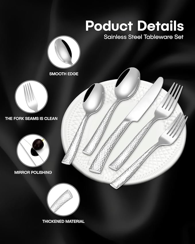 EUIRIO 40-Piece Hammered Silverware Set, Stainless Steel Flatware Set for 8, Mirror Finish Cutlery Utensils Set for Home Hotel, Include Forks Spoons and Knives Set, Dishwasher Safe