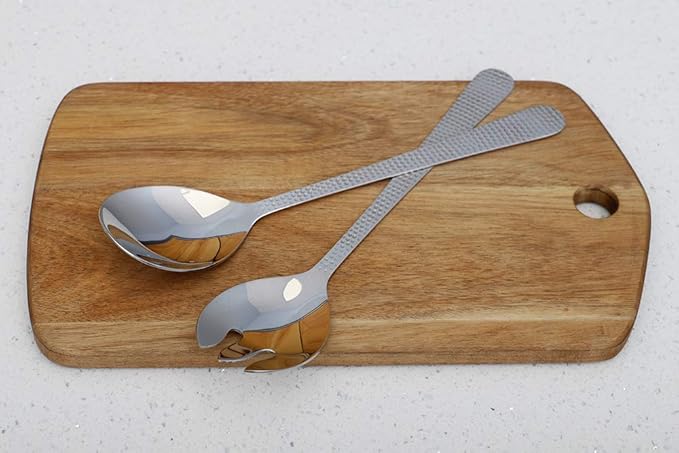 Salad Spoon and Fork Serving Set by Home Basics | 18/0 Stainless Steel with Hammered Finish Handles - 2-Piece Hostess Set for Entertaining | Mirror Finish