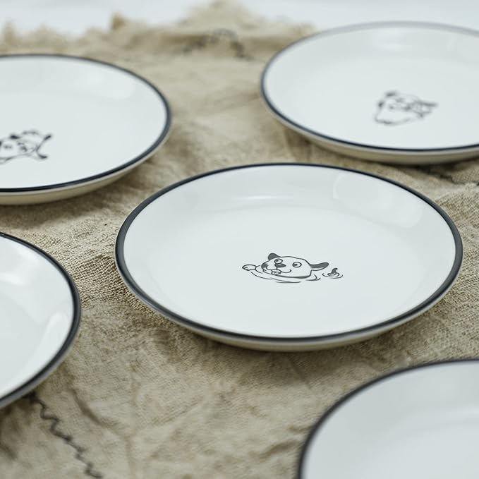 SOCOSY Cute Cartoon Happy Dogs Ceramic Seasoning Dishes Sauce Dish Sushi Dipping Bowl Appetizer Plates Tea Bag Holder Serving Dish for Kitchen, 5 Inch, Set of 4