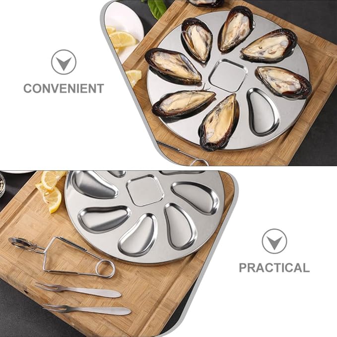 UPKOCH 1 Set of Stainless Steel Oyster Serving Tray, Shell Plate with Fork and Opener Tool, Silver, 9 Inch Diameter, for Home and Restaurant Use