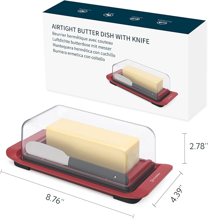 KITCHENDAO Airtight Butter Dish with Lid and Knife, Plastic Butter Holder for Countertop and Refrigerator, Keep Butter Fresh-Easy Scoop-Dishwasher Safe, Butter Tray for West/ East Coast Butter, Red