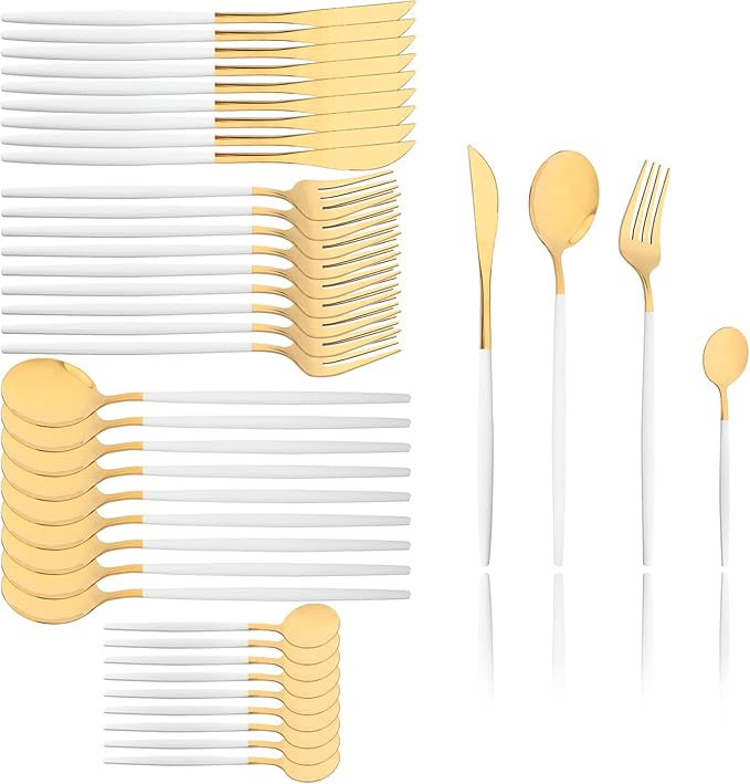 40 Pcs Silverware Set With Teaspoon For 10, Food Grade Stainless Steel Utensils Tableware Set, Elegant & Simple Flatware Serving Set Include Knife Fork Spoon, Mirror (White Gold)