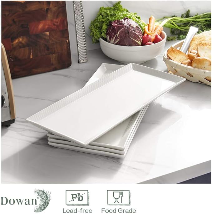 DOWAN 14.5" Rectangular Plates Set of 4 - Long Serving Trays for Sushi, Pasta, Chips, Appetizer, Cake - White Ceramic Rectangle Platter for Party, Restaurant, Banquet - Dishwasher & Oven Safe