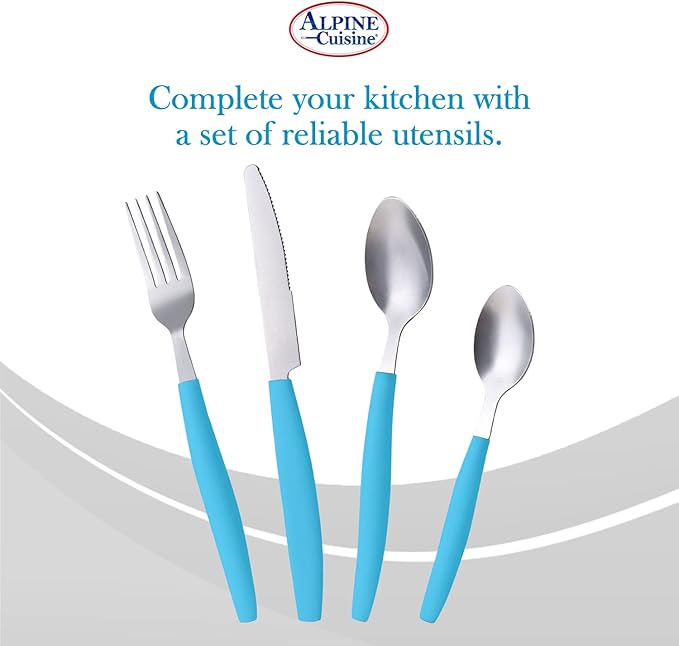 ALPINE CUISINE Flatware Set 16 Piece Service for 4, Stainless Steel Flatware Cutlery Set Includes Dinner Knives/Forks/Spoons - Great for Camping or College Dorms - Dishwasher Safe - Blue
