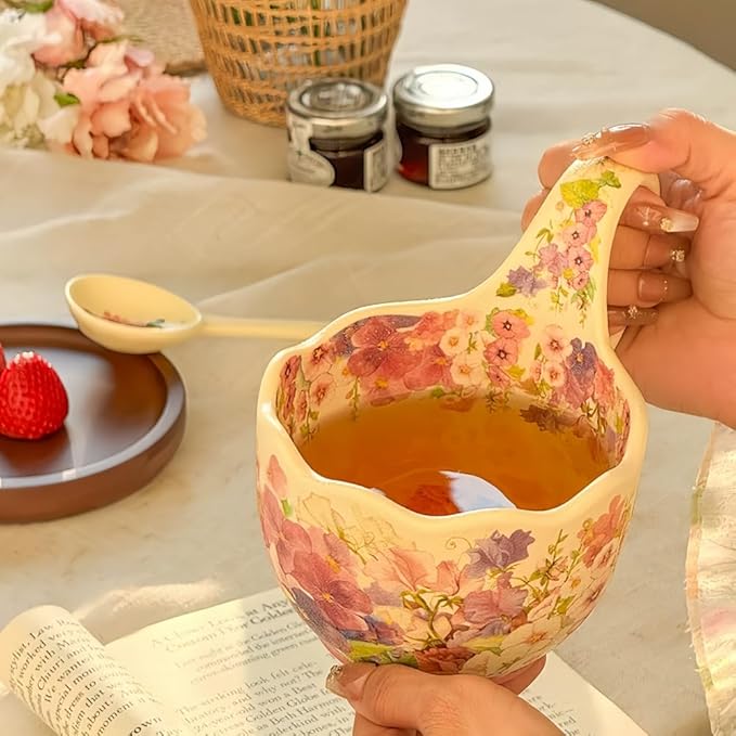16.91oz/500ml Handpainted Soup Bowl with Handle,Ceramic Cereal Bowl Microwave & Dishwasher Safe,Loop Handle Bowl Great for Soup,Yogurt,Snack,Chip,Stew,Ice Cream,Coffee (Hollyhock-Yellow)