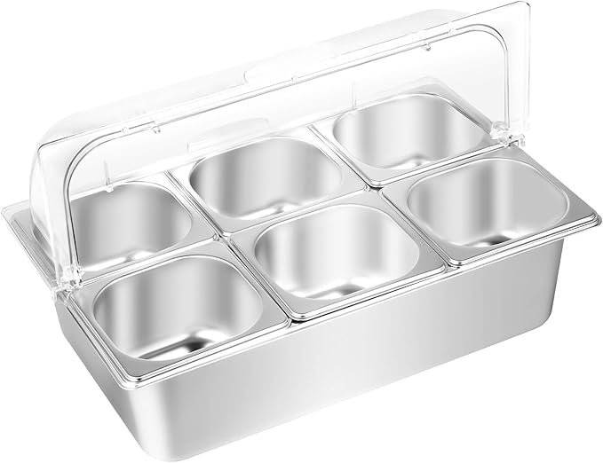 6 Pans Countertop Food Serving Display Container Stainless Steel Food Serving Tray Buffet Condiment Dispenser Display Rack Chilled Serving Trays for Restaurant Hotel Party Salad Bar, 1.45L x 6