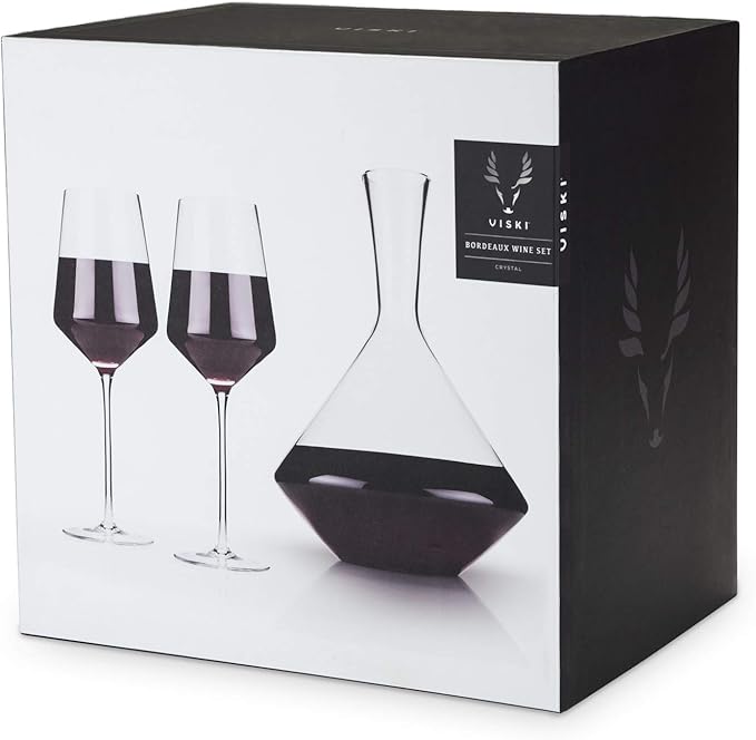 Viski Raye Angled Bordeaux Wine Glasses and Decanter Gift Set, Elegant and Modern Crystal Glassware, Home Bar, Dinner Party, Wedding Gifts, Hosting Essentials, 16 oz & 30 oz, Set of 3