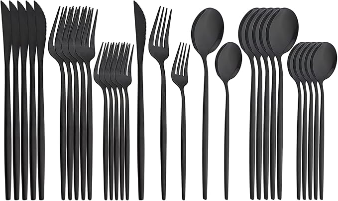 30Pcs Black Simplicity Mirror Finished Cutlery Set, 18/0 Stainless Steel Daily Use Silverware Kitchen Home Restaurant Party Dessert Flatware Set Include Knife/Fork/Spoon, Service For 6