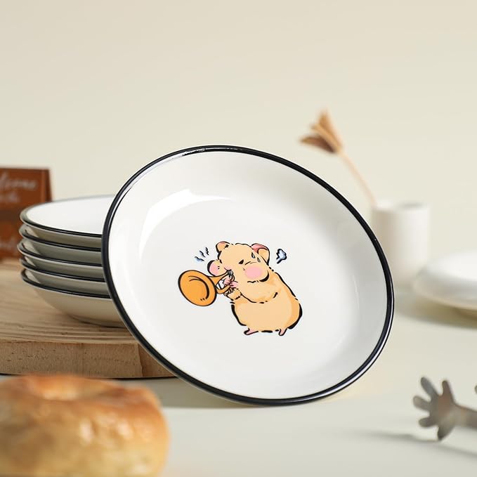 SOCOSY Super Cute Cartoon Animals Ceramic Sauce Dishes, Seasoning Dishes, Little Cat Dog Bird Feeding Bowls, Sushi Soy Dipping Bowls, Appetizer Plates, Dessert Plates-Busy Hamster-5 Inch