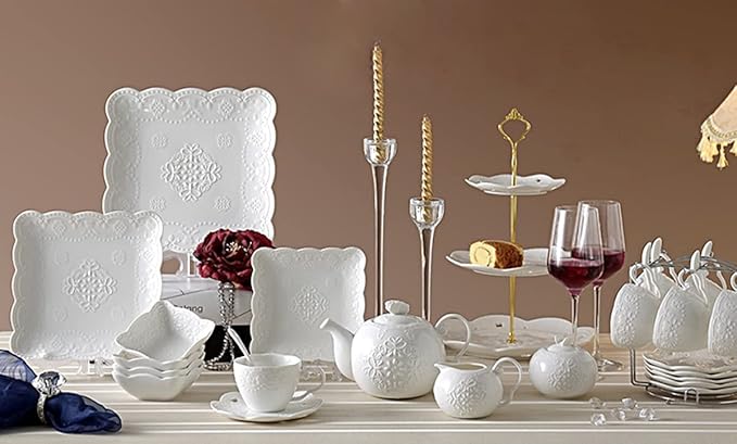 Jusalpha Embossed Lace Porcelain Plate-Dinner Plate Set, Pasta/Salad/Dessert Plate, Tableware Set for Restaurant Family Party Kitchen Use -4 Pieces, FD-PL15 (10 Inche, White)