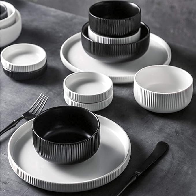 Dinnerware Set Kitchen and Dining,38-Piece Ceramic Dinnerware Set,Nordic Black White Creativity Porcelain Tableware Set with Bowls Dinner Plate Spoo