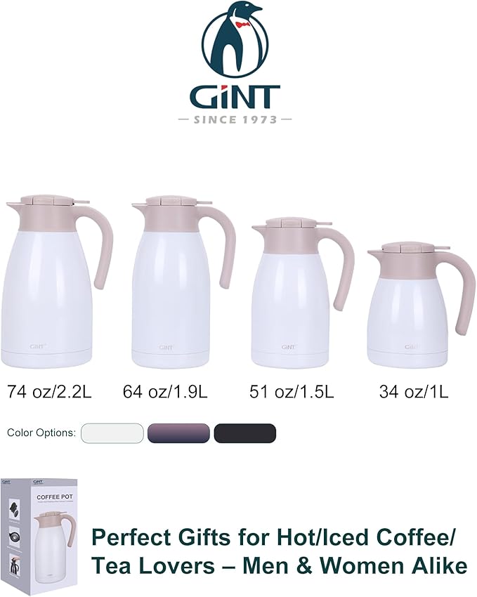 GiNT 2.2L / 74Oz Thermal Coffee Carafe, Insulated Stainless Steel Coffee Carafes for Keeping Hot/Double Walled Vacuum Thermal Carafe (White)