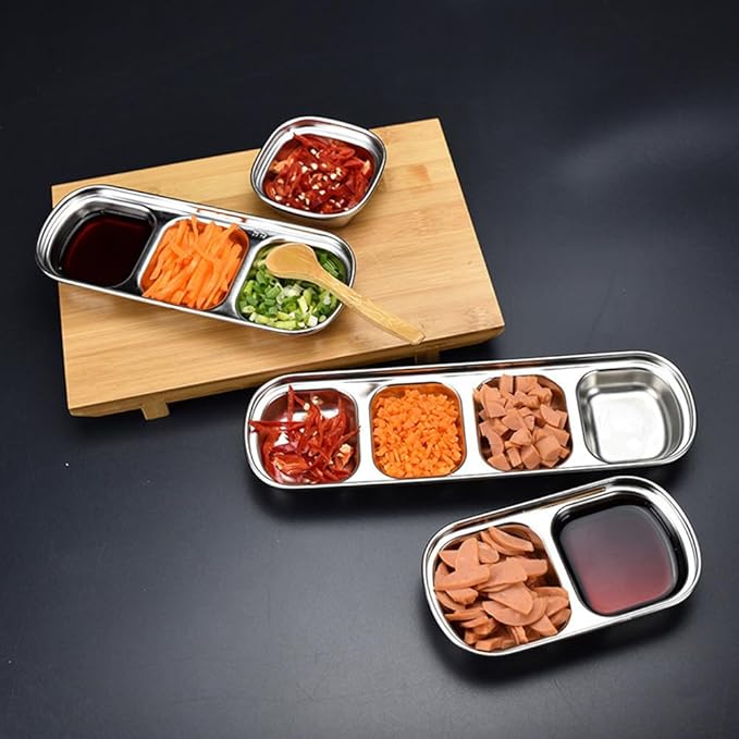 3 Piece Stainless Steel Sauce Tray, Divided DippingTray, 3 Compartment Appetizer Serving Tray for Sauce, Ketchup, Dressing, Silver, 8 X 3 Inches (3 Compartment)