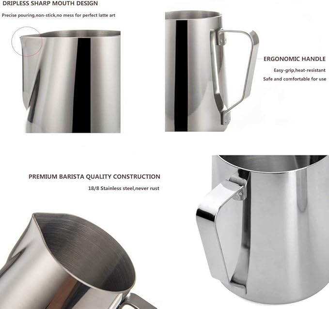 Milk Frothing Pitcher Cup, 20oz/600ML Milk Frother Cup Stainless Steel Steaming Pitcher Milk Jug Coffee Latte Art Cappuccino Espresso Machine Accessories Barista Steam Pitchers Attached Dessert Spoons