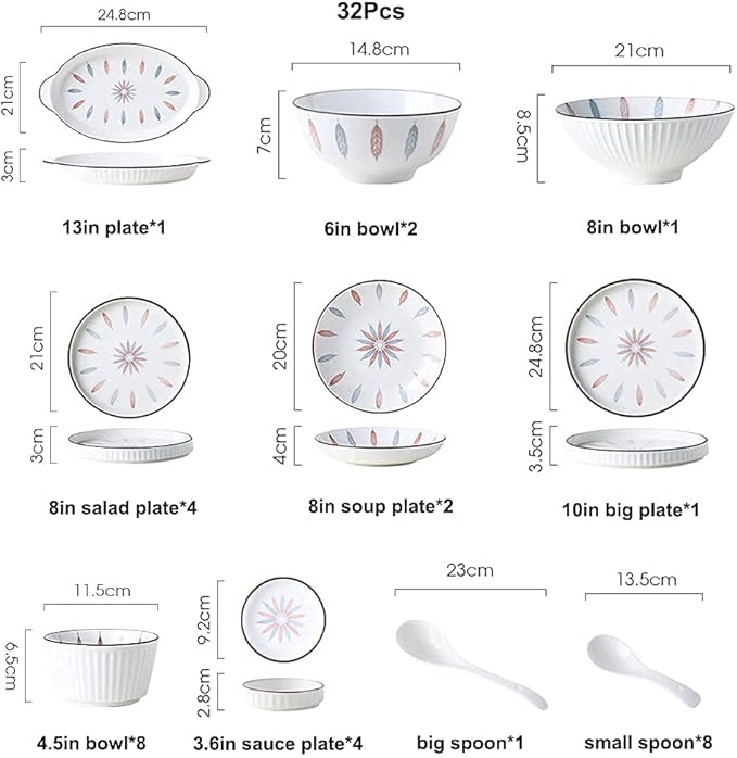 Kitchen tableware set,Ceramics Dinnerware Set, 32 Pcs Retro White Underglaze Color Dinner Set, Plates and Bowls Set with Leaf Pattern for Restaurant Family Gathering