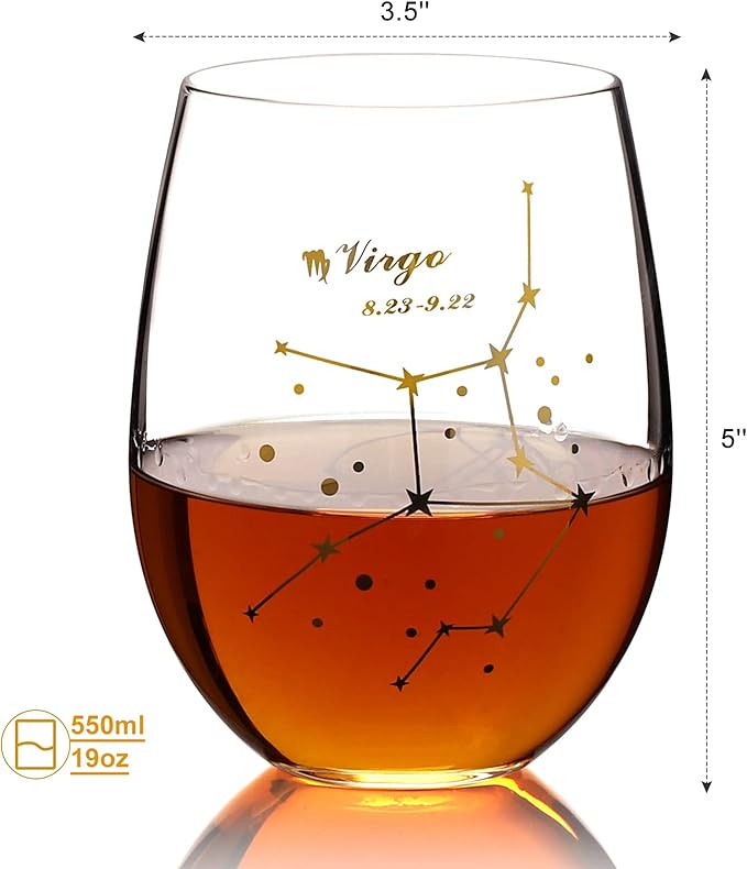 HOHY Virgo Zodiac Wine Glass 20 Oz, Virgo Zodiac Birthday Horoscope Gifts for Women, Birthday Wine Glass Astrology Constellation Christmas Gifts for Women, Constellation Wine Glasses Golden