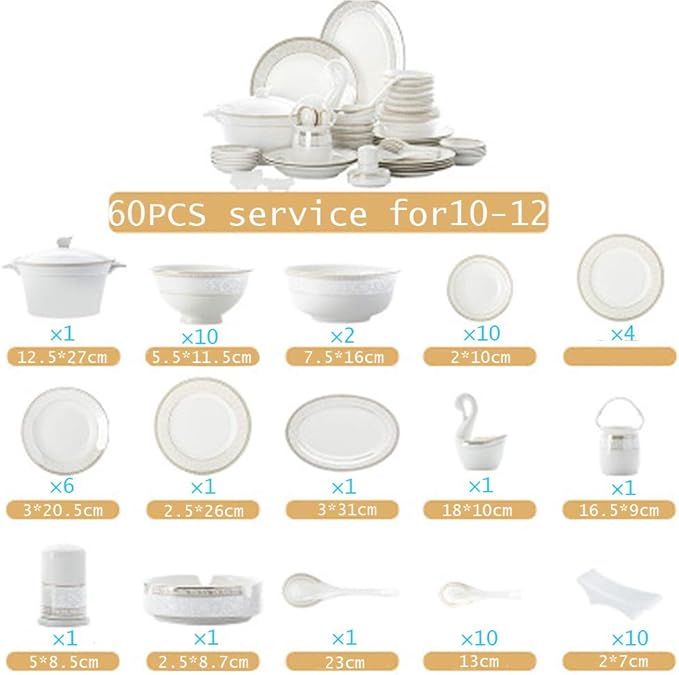 White Round Porcelain Dinnerware Set, Dishes/Plate/Bowl Set, Fine Bone China Dinnerware Sets, Collection Ceramic Kitchen and Dining Sets for Home,B56 pcs Service for 10 (60 Pcs Service for