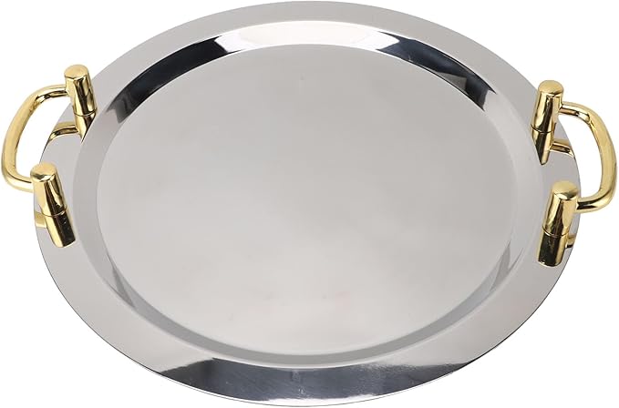 Stainless Steel Serving Plate, Elegant Mirror Finish Serving Tray Reusable Unbreakable Modern Kitchen Plates Golden with Handle for Hotel Restaurant Banquet (Round (Diameter 15.7in))