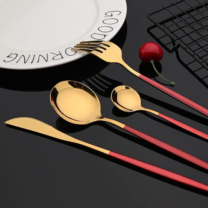 JASHII Red and Gold Hanging Flatware Set Include Knife Fork Spoon Teaspoon and Stand, 24pcs Stainless Steel Utensils Set Service for 6,Modern Design & Mirror Polished, Great Gift
