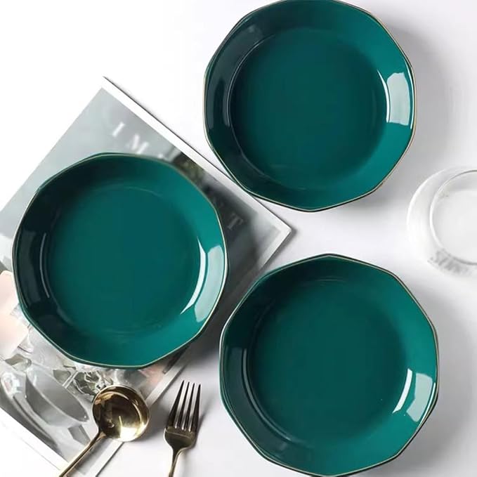 SONGCHAO Party Supplies Nordic Light Luxury Ceramic Plate Dish Plate Home Tableware Set Dark Green Gold Edge Plate Creative Dessert Plate Party Plates (Color : 8inch, Size : 6pcs)