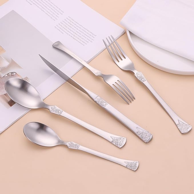 Premium Luxury 20 Piece Silverware Set with Smooth Edge, 18/10 Stainless Steel, Service for 4, Fine Matte Stain Flatware Set, Dishwasher Safe(Silver)