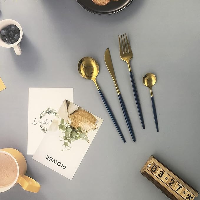 Gold Silverware Set, 24-Piece Stainless Steel Flatware Set Service For 6, Mirror Polished Blue Handle Tableware Cutlery Set Knife Fork And Spoon For Home & Restaurant, Dishwasher Safe