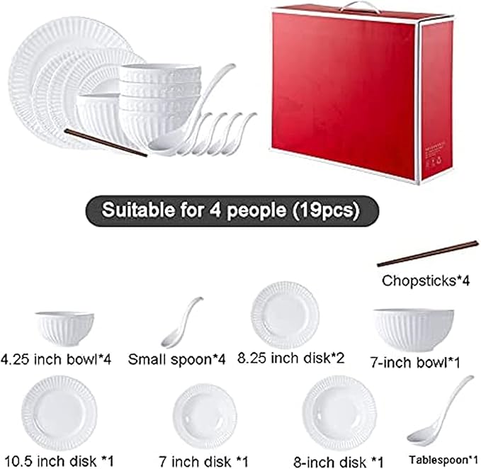 Dinnerware Set,19 Pcs Dinnerware Sets,Porcelain Tableware Set with Plates and Bowls,White Ceramic Dinner Set for Kitchen and Dinning