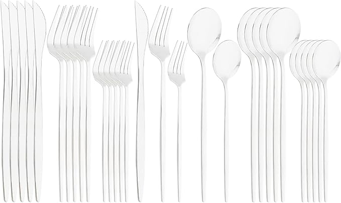30Pcs Silver Simplicity Mirror Finished Cutlery Set, 18/0 Stainless Steel Daily Use Silverware Kitchen Home Restaurant Party Dessert Flatware Set Include Knife/Fork/Spoon, Service For 6