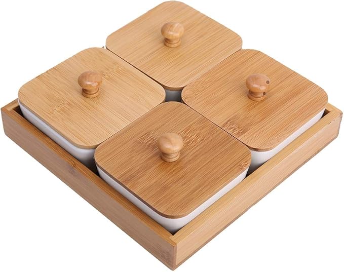 Ceramic Appetizer Serving Plate with Bamboo Tray, Ideal for Fruits, Nuts, Desserts, Modern Design(4 Compartment-9cm)