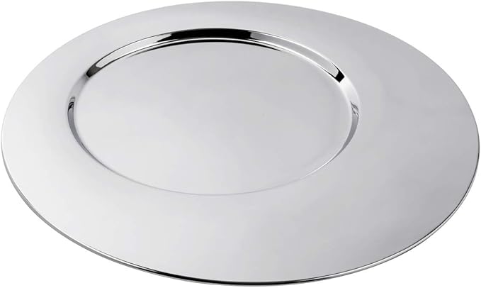 A La Mode ALM-429, 15-1/2'' Stainless Steel Single Wall Serving Tray, Moon Design Platter, Asymmetric Metal Serving Dish, Elegant Round Serveware Plate