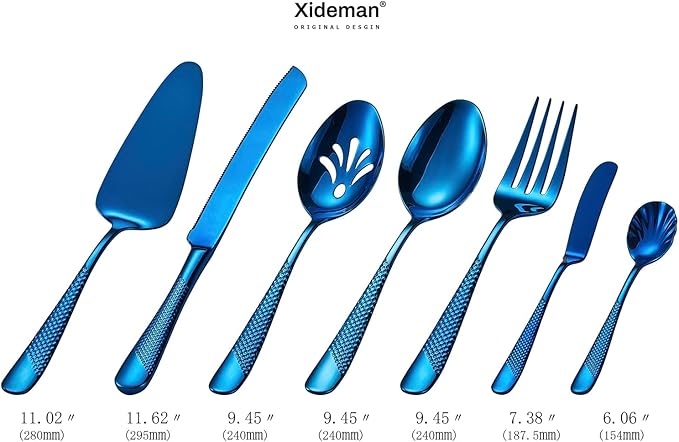 Xideman® 7-Piece Hammered 18/10 Stainless Steel Silverware Serving Utensil Set - Hostess Flatware with Cake Knife & Cake Server (Blue)