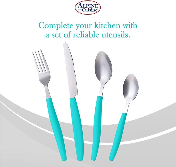 ALPINE CUISINE Flatware Set 16 Piece Service for 4, Stainless Steel Flatware Cutlery Set Includes Dinner Knives/Forks/Spoons - Great for Camping or College Dorms - Dishwasher Safe - Aqua