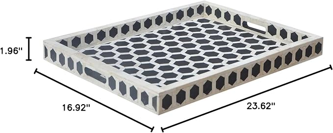Hansa Handmade Bone Inlay Serving Tray with Handles and 1.96" Wall Tray Geometrical Pattern Decorative Platter Basket Tray