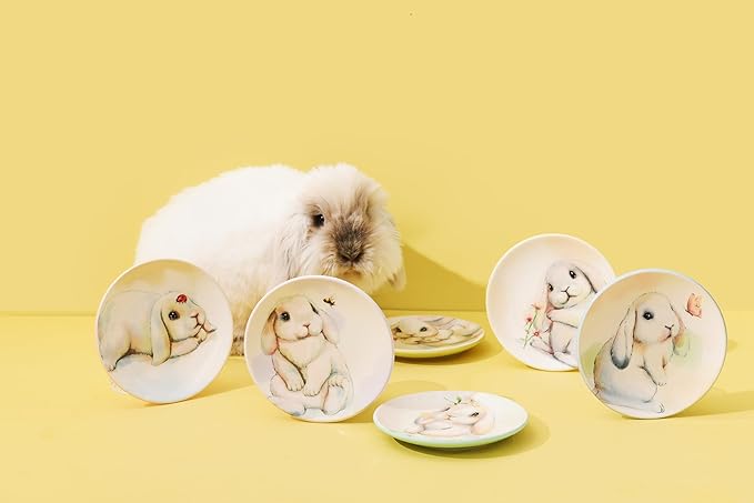 Bico Pastel Lop Bunny 6 inch Ceramic Appetizer Plates, Set of 6, for Salad, Appetizer, Snacks, Plates Microwave & Dishwasher Safe