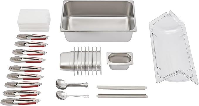 9 Pans Ice Food Serving Display Container w/Clear Roll Top Cover, Stainless Steel Serving Tray Catering Supplies Buffet Display Condiment Dispenser Plate Case for Restaurant Hotel Kitchen