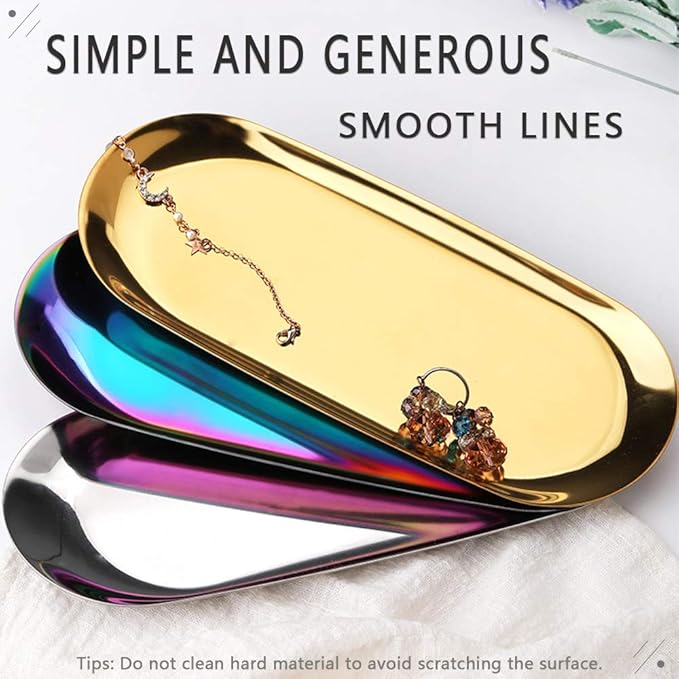 2 Pack 9in Stainless Steel Storage Tray, Premium Metal Organizer Plate to Hold Fruit, Tea, Cosmetics, Jewelry, Oval Stainless Steel Towel Tray for Vanity, Bathroom, Closets (Silver)