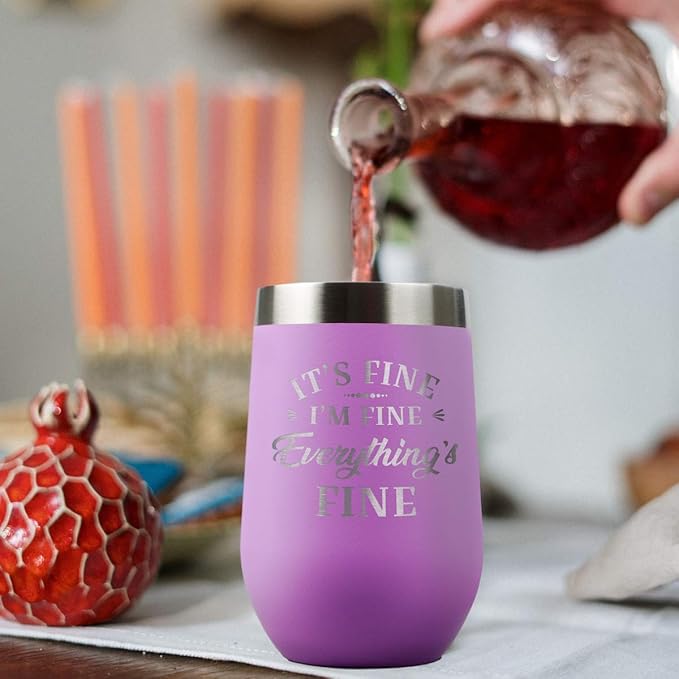 PlaqueMaker It's Fine I'm Fine Everything is Fine 16-oz Travel Stemless Wine Tumbler- Available in Black, Lilac, Teal, White, Blue, Red, Pink or Navy (LIght Purple)