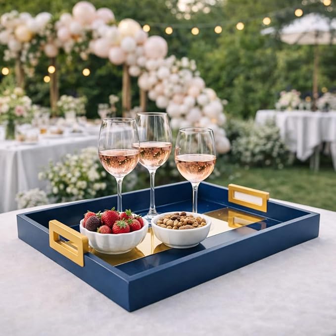 Navy Blue Coffee Table Tray, Decorative Serving Tray, Rustic Wood - Coffee Table Decor with Gold Handles, Rectangle for Home Decor