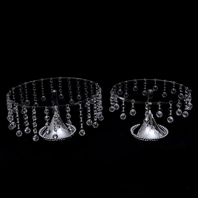 4PCS Mirror Crystal Wedding Cake Stand Set for Dessert Display, Crystal Beaded Cupcake Holder Plate with Chains Silver/Gold for Party Decoration (Clear Round 4PCS)
