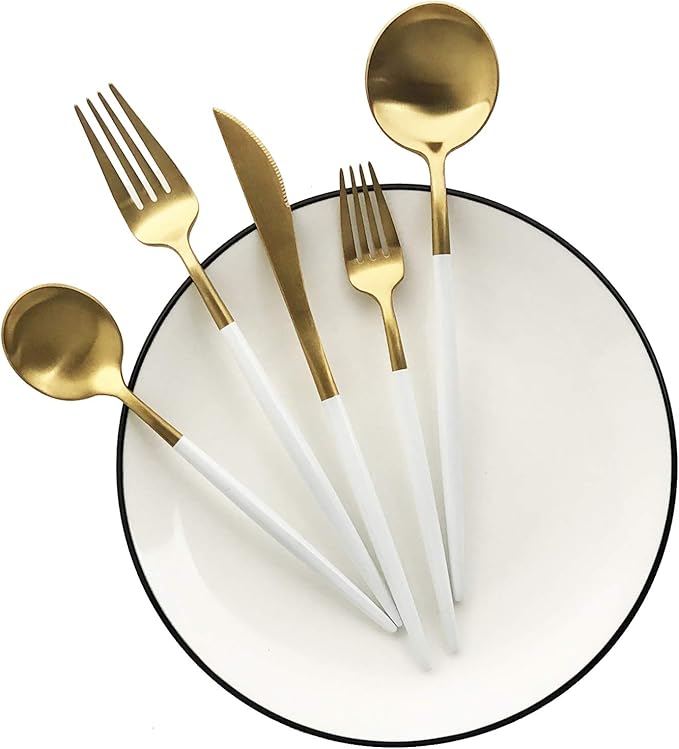 Silverware Set, Hand polished Matte Gold White Flatware Cutlery Set Service for 2, Satin Finish 10 Pieces 18/10 Stainless Steel Utensils Set for Home and Restaurant, Dishwasher Safe