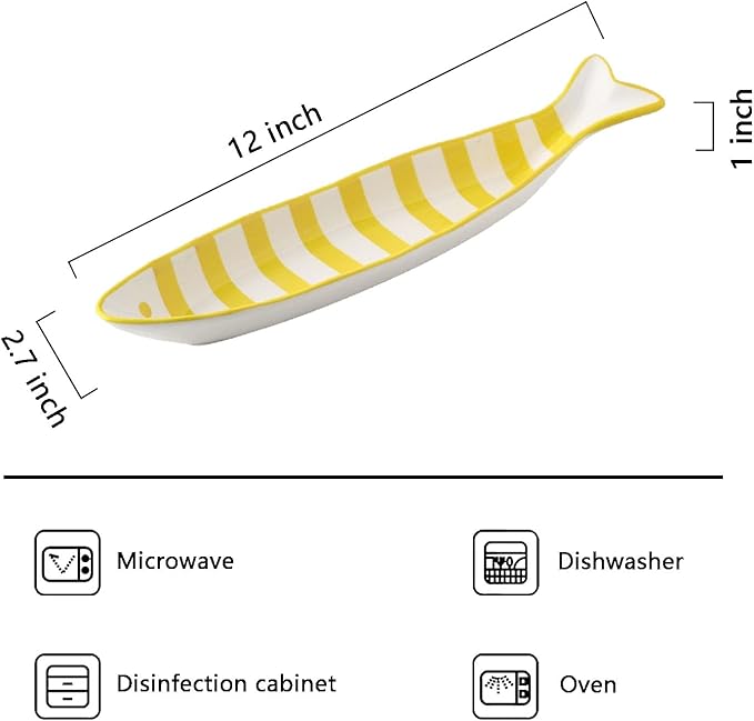 Ceramic Fish Shaped Serving Dish, Red and White Striped Pattern, Appetizer Snack Plate, Microwave Dishwasher Safe, 12x7 Inch (Yellow Stripes)