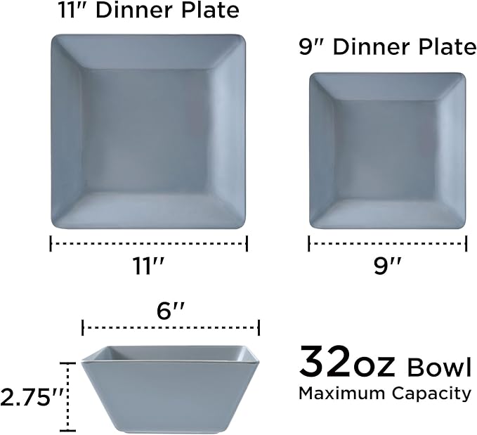 TP 12-Piece Dinnerware Set, Melamine Dishes Set with Bowls and Plates, Non-breakable and Lightweight Square Dinner Set for 4, Grey