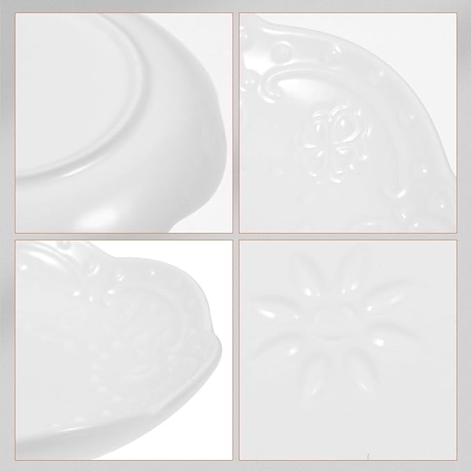 Ceramic Dipping Sauce Dish Set 2Pcs White Small Appetizer Plates with Embossed Floral and Insect Pattern for Condiments and Snacks Serving