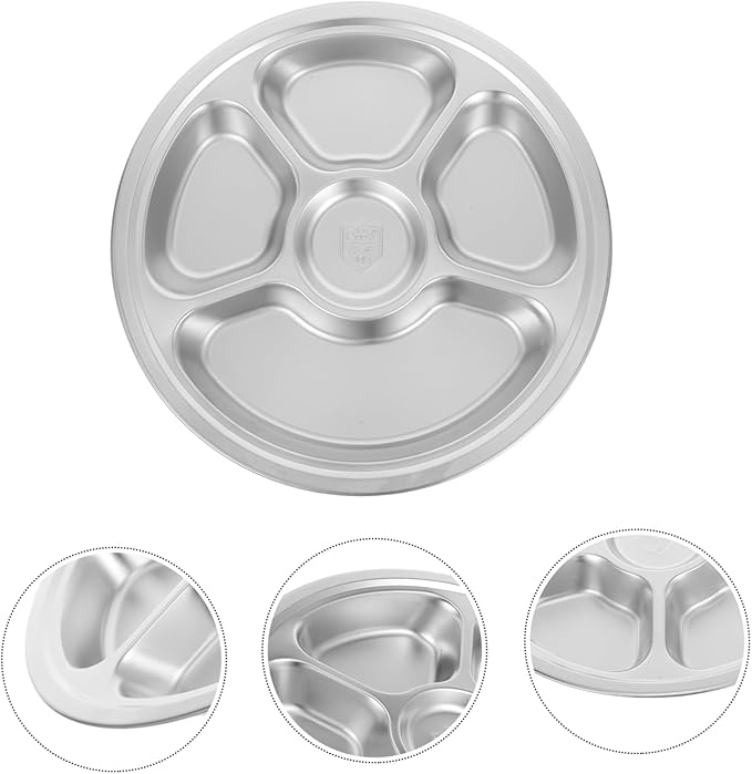 Garneck 1pc Divided Stainless Steel Food Plate Compartment Serving Tray for Breakfast Lunch and Dinner Stackable Moisture-retaining Design
